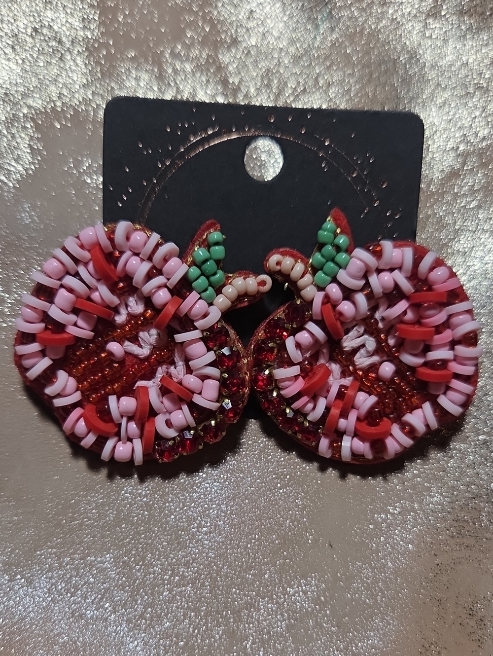 Handmade Pink & Red Beaded Apple Earrings
